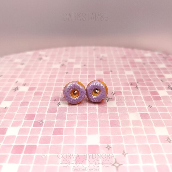 Handmade Polymer Clay Donut Stud Earrings w/ Lavender Icing & Glitter Sprinkles - Picture 1 of 4